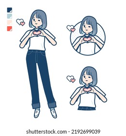 A young woman in a T-shirt with making a heart symbol by hand images.It's vector art so it's easy to edit.