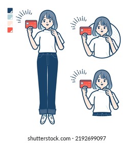 A young woman in a T-shirt with pointing at credit card images.It's vector art so it's easy to edit.