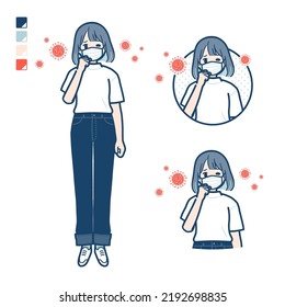 A young woman in a T-shirt with Put on a mask and cough images.It's vector art so it's easy to edit.