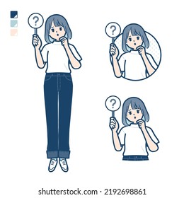 A young woman in a T-shirt with Put out a question panel images.It's vector art so it's easy to edit.