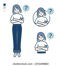 A young woman in a T-shirt with Question images.It's vector art so it's easy to edit.