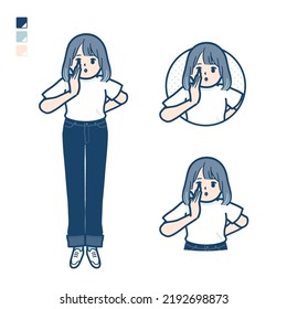 A young woman in a T-shirt with Whispering images.It's vector art so it's easy to edit.
