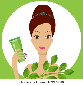 young woman with the tube of cream in a hand, vector illustration