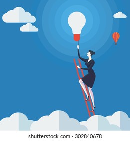 Young woman turn on the lights on a ladder above cloud. Vector Illustration Business concept a ladder Corporate of success.