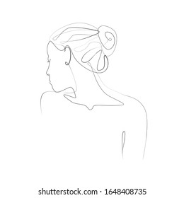 Young Woman Turning Away Face One Line Drawing On White Isolated Background. Vector Illustration 