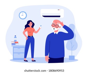 Young woman turning on air conditioner. Senior man feeling hot, sweating with heat flat vector illustration. Hot weather, home appliance concept for banner, website design or landing web page