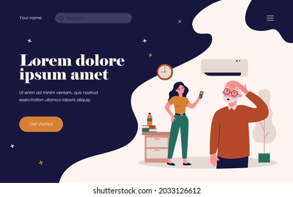 Young Woman Turning On Air Conditioner. Senior Man Feeling Hot, Sweating With Heat Flat Vector Illustration. Hot Weather, Home Appliance Concept For Banner, Website Design Or Landing Web Page