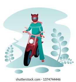 Young woman in turquoise sportswear and helmet with ears sits on a red motorcycle. Girl on a scarlet moped on the road among the natural landscape. Flat design, vector illustration.
