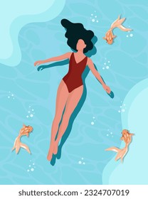 A young woman in a turquoise swimsuit lies on the water in the sea with fish. Summer holiday illustration, clip art, vector	
