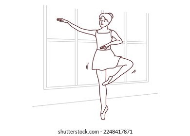 Young woman in tutu dancing in school. Smiling girl in dress practice ballerina moves indoors. Hobby and entertainment. Vector illustration. 