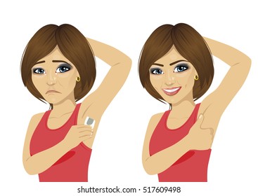 young woman in two different action waxing armpit using cold wax strip hair removal