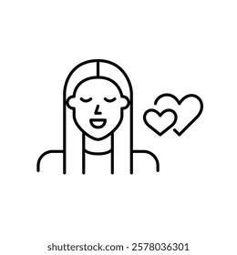 Young woman and two hearts. Looking for relationships, love match making. Dating apps and services. Pixel perfect vector icon