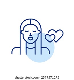 Young woman and two hearts. Looking for relationships, love match making. Dating apps and services. Pixel perfect, editable stroke icon