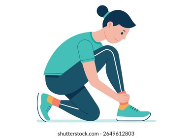 Jovem mulher amarrando sapato de corrida, estilo de vida ativo, fitness, ilustração vetorial, esportivo, azul-petróleo, humor positivo.