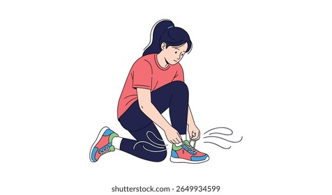 Jovem amarrando cadarços em seus sapatos atléticos antes da sessão de exercício matinal