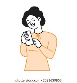 Young woman types message on smartphone color line vector icon. Smiling lady engages in online conversation character illustration on white