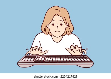 Young woman with typing keyboard looks at screen while typing e-mail message. Girl blogger or internet programmer working in casual clothes fulfilling order from freelance exchange. Flat vector image 