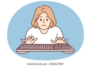 Young woman with typing keyboard looks at screen while typing e-mail message. Girl blogger or internet programmer working in casual clothes fulfilling order from freelance exchange. Flat vector image