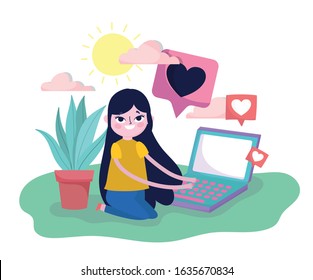 young woman typing laptop love chatting social media vector illustration