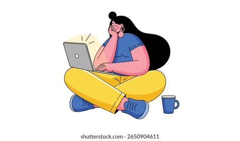 Young woman typing on laptop working from home with coffee cup nearby