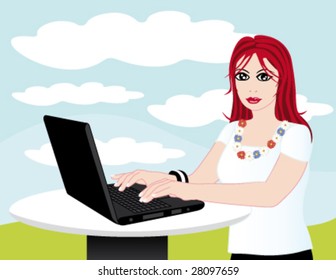 Young woman typing on a laptop outdoors vector illustration