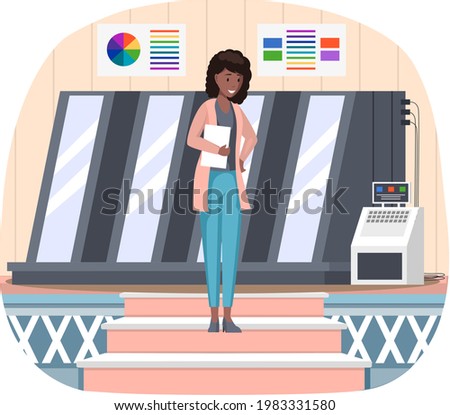 Young woman in typography controls printer work. Print shop services, printing process. Female character is watching printing process. Smling girl controls work of industrial printer in production