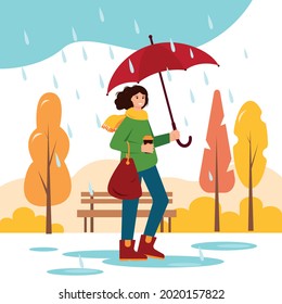 Young woman with umbrella and cop of coffee walking in rain in Autumn park with trees and bench. Season weather vector illustration.