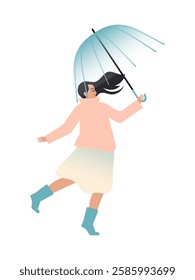 A young woman with an umbrella dances on a cloudy day, improving her mental health and making herself happier. Vector.
