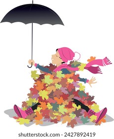 Young woman, umbrella and pile of autumn leaves. Smiling young woman with umbrella sitting in the big pile of multicolored autumn leaves. Isolated on white background