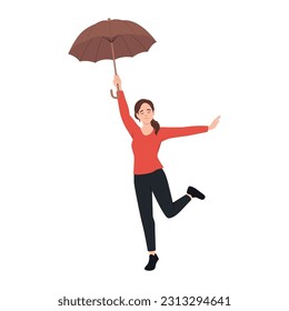 Young woman with an umbrella walks and jump happy. Flat vector illustration isolated on white background