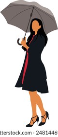 Young woman with umbrella wearing coat full length faceless flat vector illustration