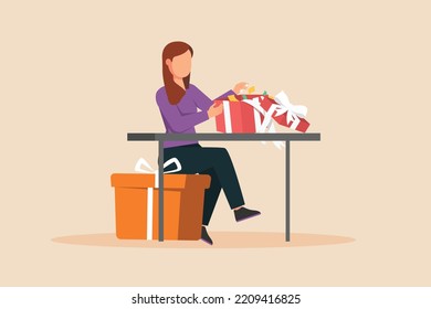Young woman unboxing gift from her friend. Giving season go concept. Colored flat vector illustration.