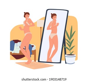 Young woman in underwear looking at extra pounds or kilos of her body in reflection of the mirror. Body rejection problem, self-hatred, dissatisfaction with appearance. Color flat vector illustration.