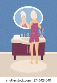 Young woman in underwear looking in the mirror in bathroom. Girl washing her face and cleansing skin. Daily skincare routine. Cartoon colorful vector illustration.