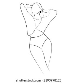 Young Woman In Underwear Posing Line Art Illustration, Line Drawing Of Woman Posing In Underwear