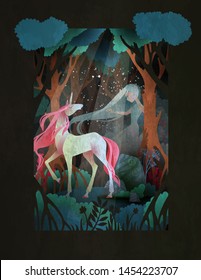 Young woman and unicorn in front of night forest, fairy tale illustration