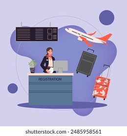 Young woman in uniform at airport registration desk. Check in, luggage, suitcases, airplane, arrivals and departures board vector illustration for travel, vacation, boarding concept