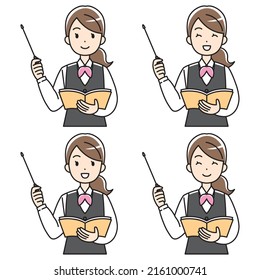 Young woman in uniform explaining with a pointer