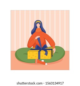 Young woman unpacks Christmas gift in yellow box. Vector flat illustration