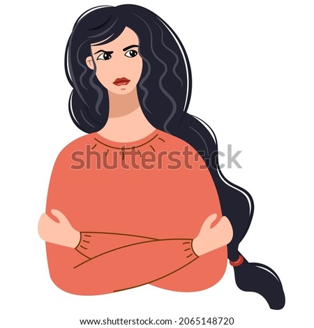 The young woman is upset, resentful and angry. Upset girl standing with arms crossed vector illustration. Frowning upset young man expressing anger and frustration. Human emotions. Violence, abuse.