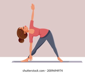 Young Woman in Upward Plank Yoga Pose Vector Illustration. Girl in Trikonasana improving posture stretching and relaxing by exercising on the mat
