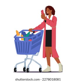 Young Woman Use Cellular while doing Shopping in Supermarket. Black Female Teenager Character Texting Sms or Call on Mobile Phone with Trolley full of Products in Store. Cartoon Vector Illustration