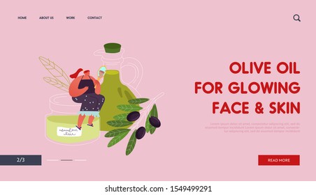 Young Woman Use Olive Oil in Cosmetics Website Landing Page. Tiny Female Character Sitting on Huge Cosmetic Jar Looking in Mirror. Ripe Olives Branch Web Page Banner. Cartoon Flat Vector Illustration
