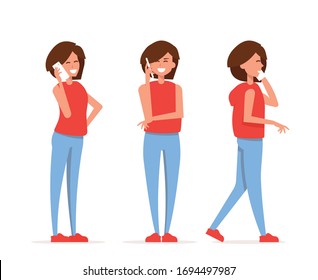 Young woman use Smartphone. Female Character collection. Flat vector illustration.