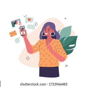 Young Woman use Smartphone and Surfing in Social Media. Girl Chatting, Watching Video, Liking Photos and Make Video Call with Friends in Mobile App. Flat Cartoon Vector Illustration.