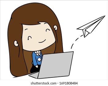 Young woman used computer to sent email. Blue formal suit work clothes. Cartoon chibi character vector.