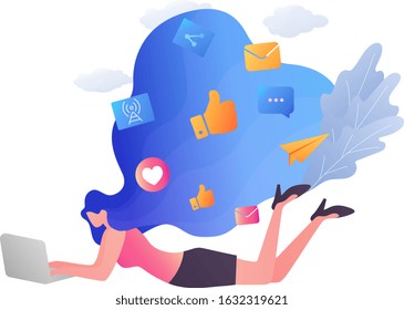 a young woman uses alaptop to like friend status and the mobile app icon and  Illustration of flat concept application