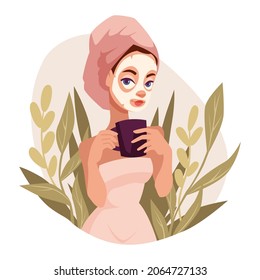 Young woman uses a cosmetic face mask. In the hands of a mug of tea. Skincare routine, mask applying and cosmetics. Beauty routine. Vector illustration.