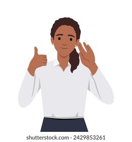 Young woman uses hearing aid and shows thumbs uphearing communicate freely. Flat vector illustration isolated on white background