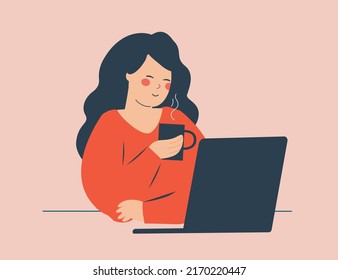 Young woman uses her laptop for work and drink her hot coffee. Teenage female chatting with her friends while drinking green tea. Office employee, freelancer worker and writer daily life. Vector stock